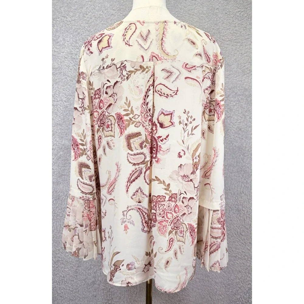 Chicos Womens 2 L Floral Paisley Tunic Top Beige Pink V Neck Bell Sleeve Boho